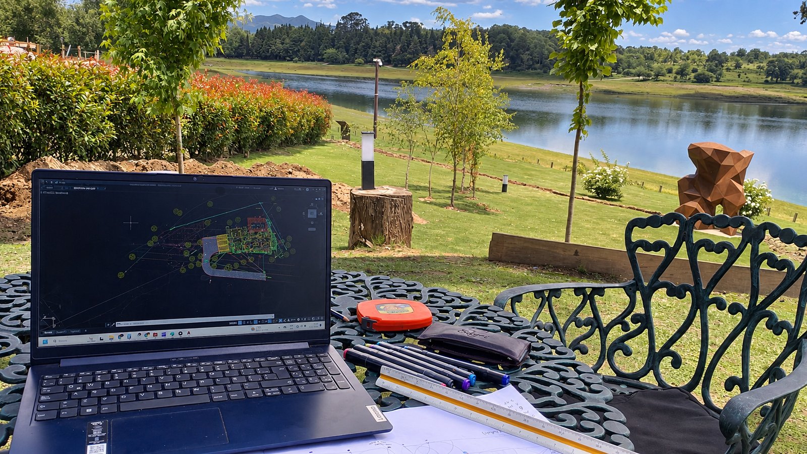 Escritório externo com laptop à beira de um lago — projeto Sistema de Riego MOLVENTO, por STIPA Arte Natural, em Lago Los Molinos