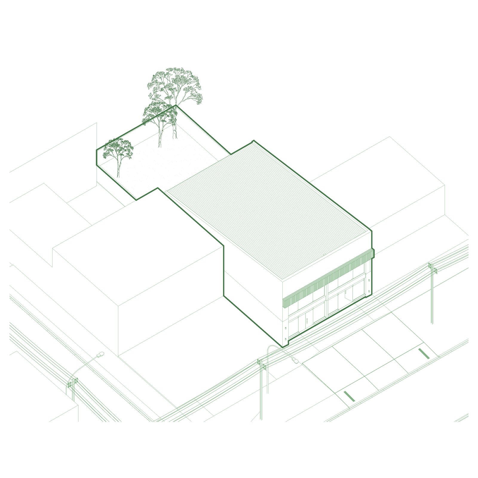 Edificio moderno comercial con fachada vidriada y terraza verde — proyecto Locales G66, por Estudio Llobet, en Av. 66 2382