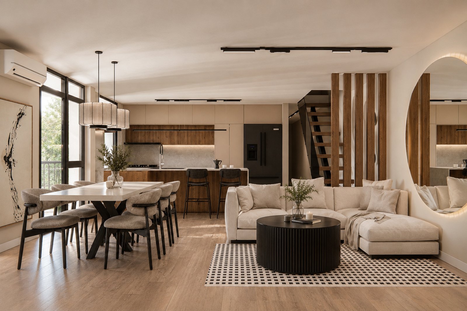 Comedor y living modernos integrados, madera clara y tonos neutros — proyecto Diseño contemporaneo de cocina, living, comedor integrados , por Mela Deco Design, en Buenos Aires