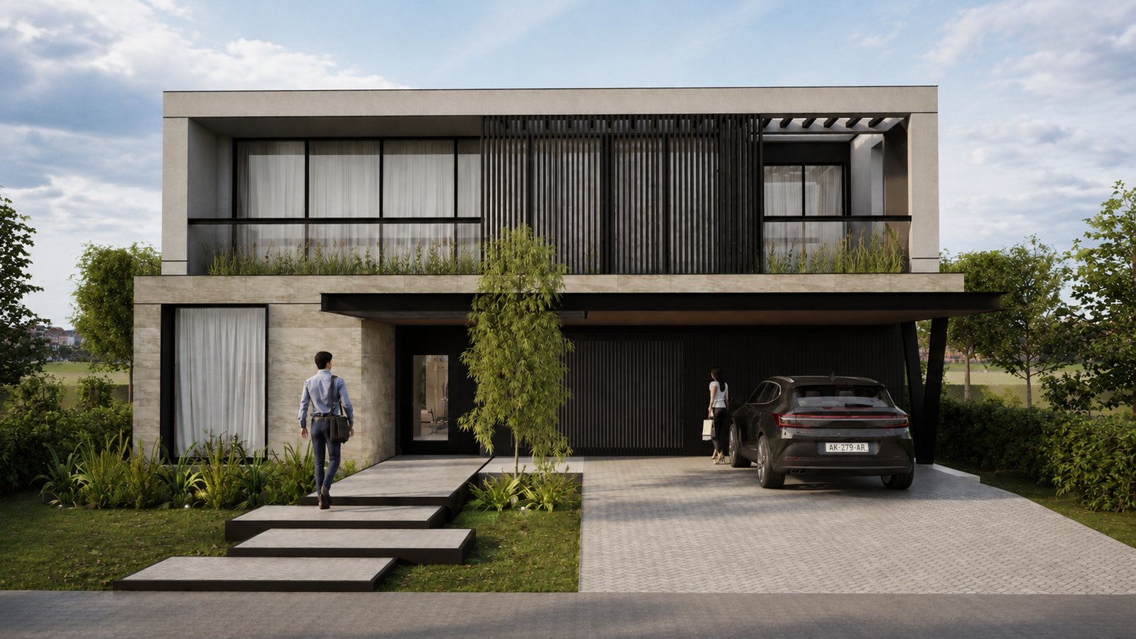 fachada moderna con auto y paisajismo — proyecto Vivienda unifamiliar , por arquitectura siemienczuk, en Funes