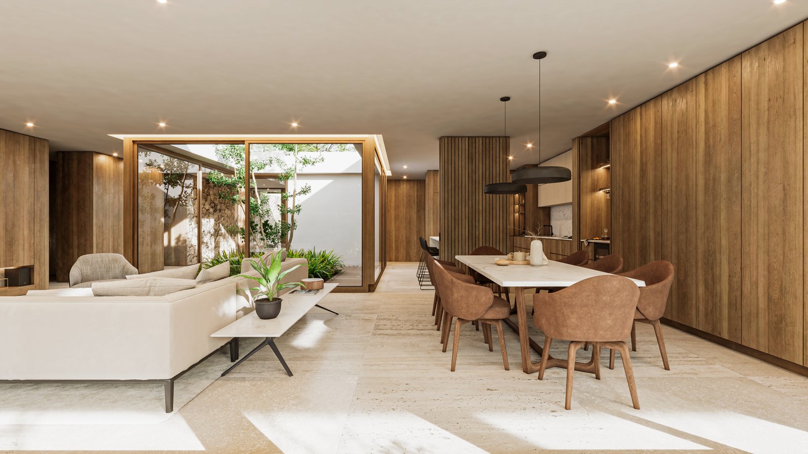 Sala de estar e jantar moderna com pátio interno e paredes de madeira — projeto Casa CITY, por Grupo CRBN, em City Bell