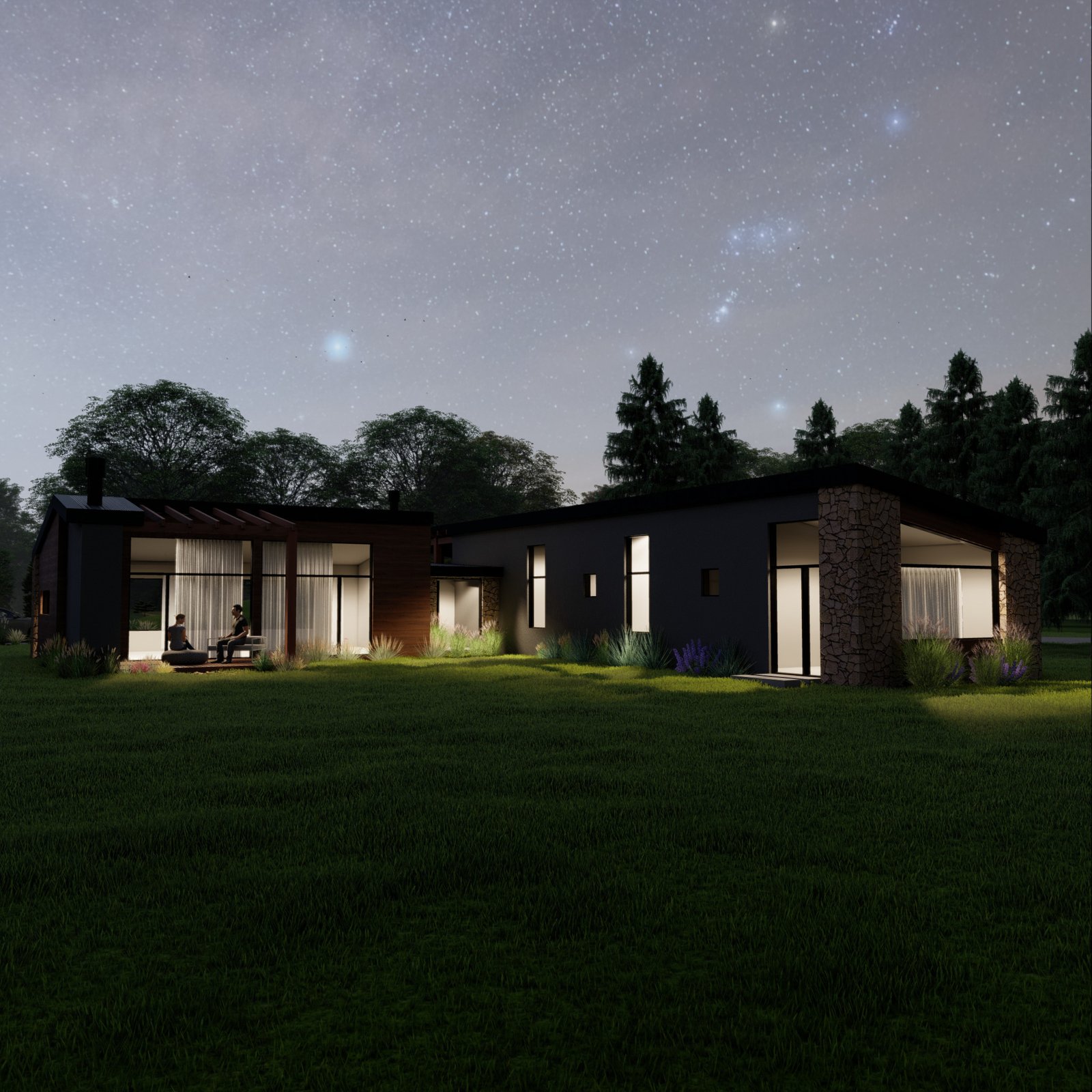 Casa moderna à noite com detalhes em madeira escura — projeto Mountain House, por Arquitecta Grace Overgaard, em San Carlos de Bariloche
