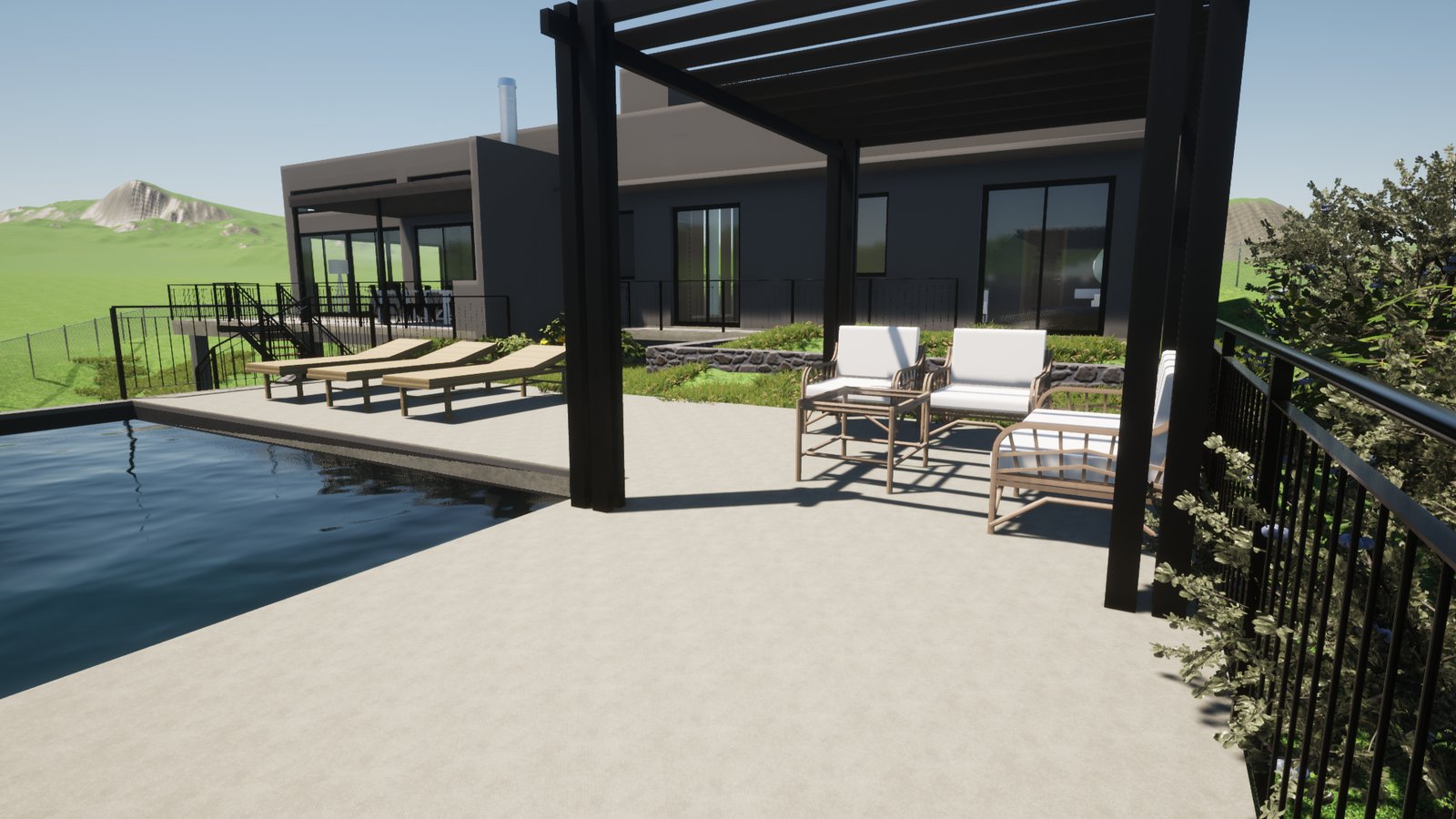 Área de piscina moderna com deque, pérgola preta e móveis externos — projeto Casa Las Vertientes, por Luciana González Anderson, em Salta