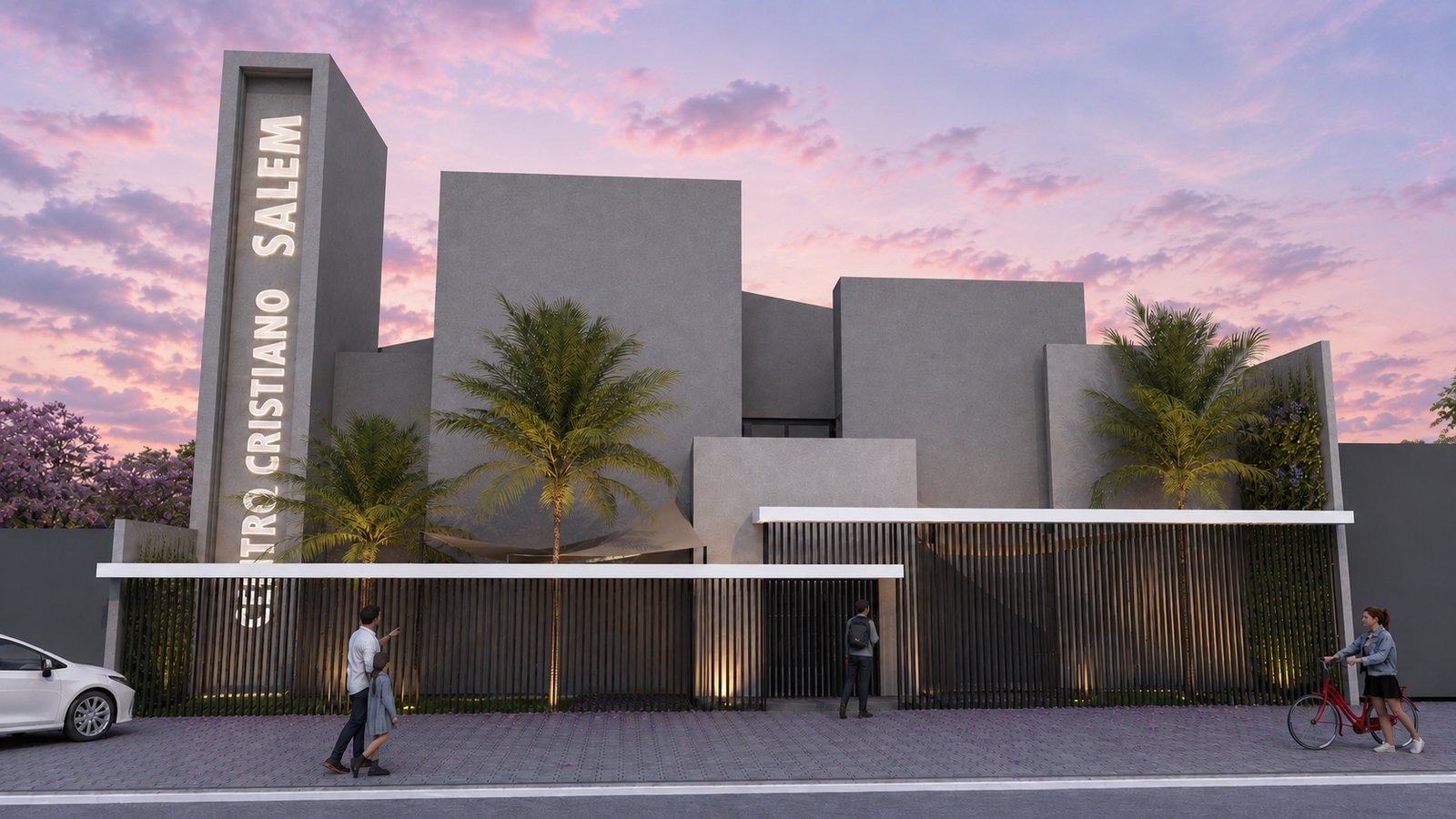 fachada moderna de edificio comercial con señalización vertical — proyecto Proyecto Salem, por WILSON ARQUITECTURA, en Pilar