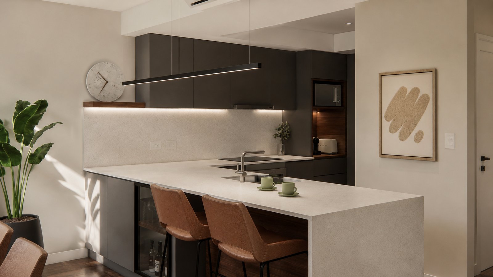Cocina moderna de planta abierta con isla, sillas de cuero y iluminación indirecta — proyecto Diseño de departamento juvenil , por Mela Deco Design, en Buenos Aires