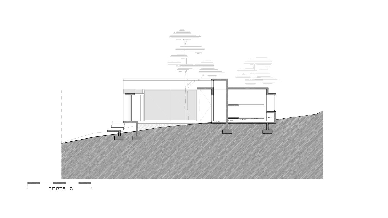 corte arquitectónico de casa moderna en pendiente — proyecto Casa Loma, por Besonías Almeida arquitectos, en X6VF+67
