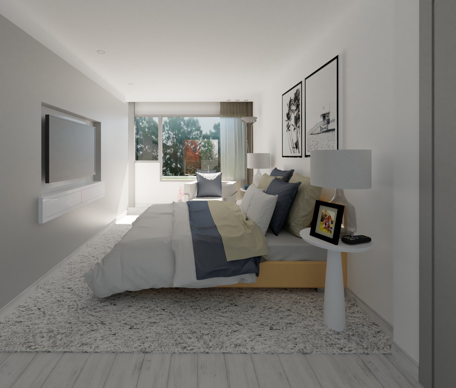Quarto moderno com cama king size, tapete grande e painéis — projeto Casa SuAl, por Arquitecto, em Blas Parera 1300