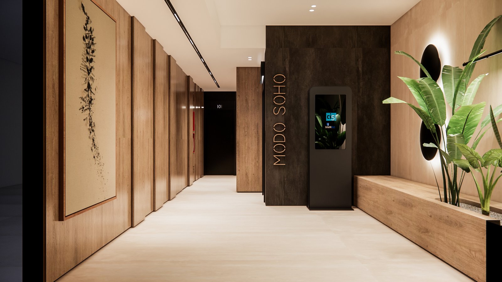 Corredor moderno com painéis de madeira e grande obra de arte — projeto Real Estate, diseño de hall de ingreso y palieres, por Mela Deco Design