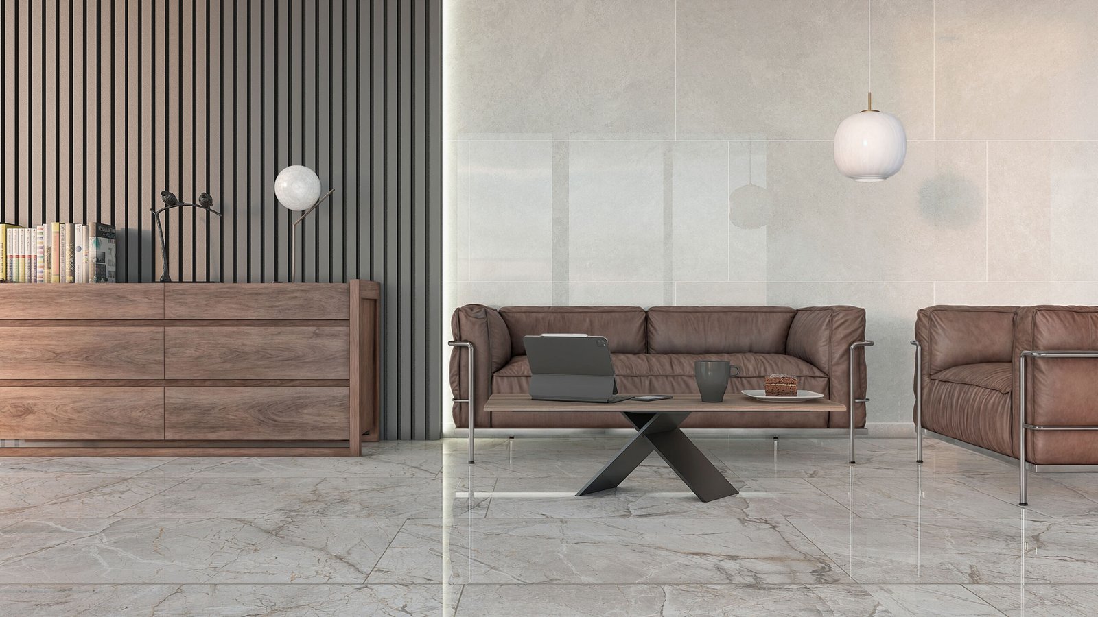 Sala de estar moderna com sofá de couro marrom e parede de madeira — projeto Marmol, por TENDENZA, em Buenos Aires