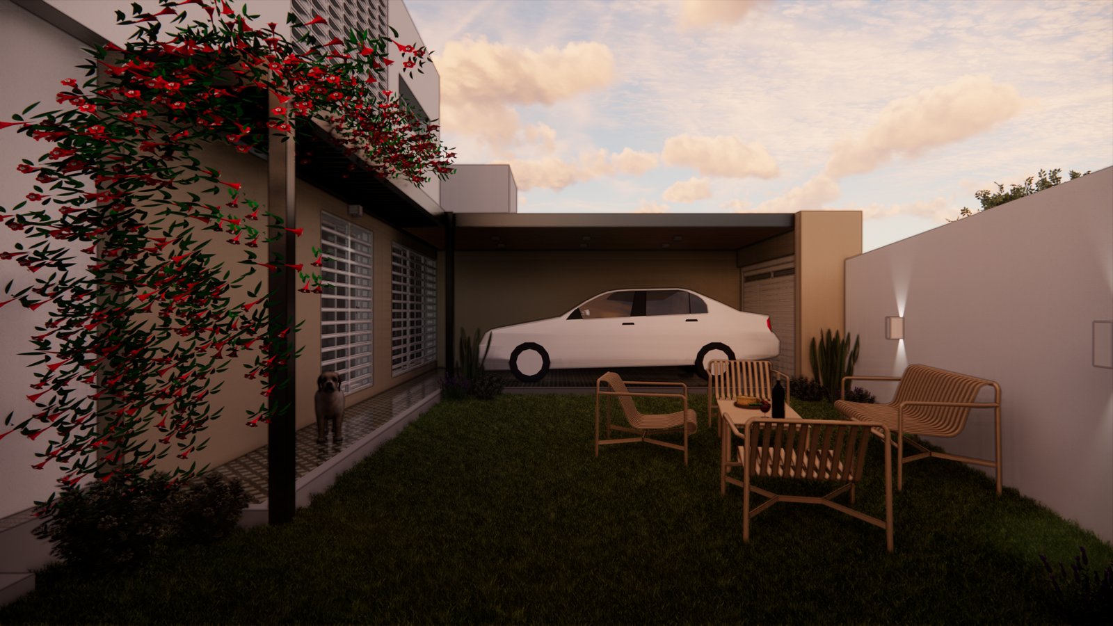 casa moderna con fachada blanca, vegetación y auto — proyecto FACHADAS JS, por Todo con A, en X5125 Monte Cristo
