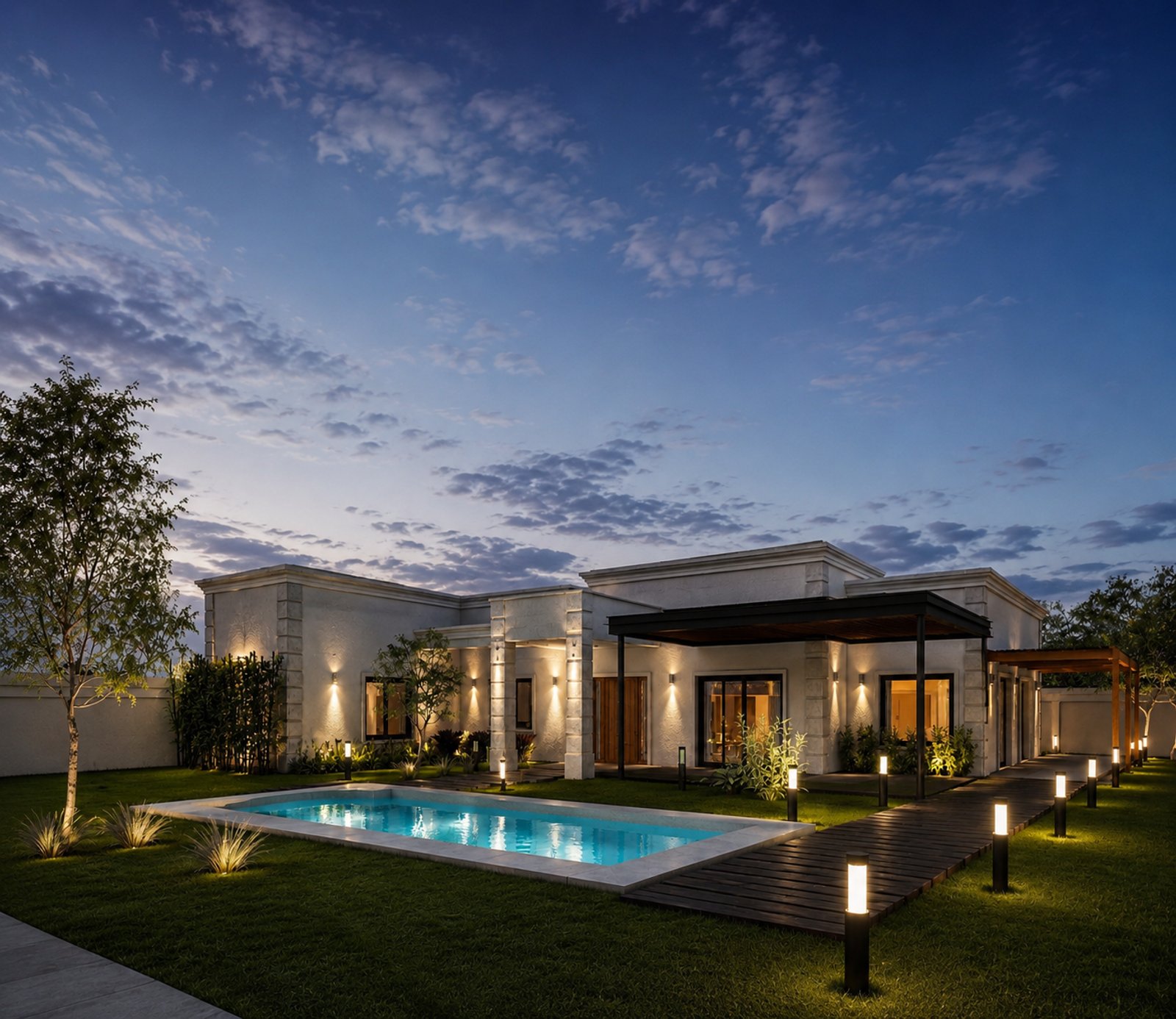 fachada moderna con piscina iluminada al atardecer — proyecto Vivienda SL, por MV Arquitectos, en Formosa