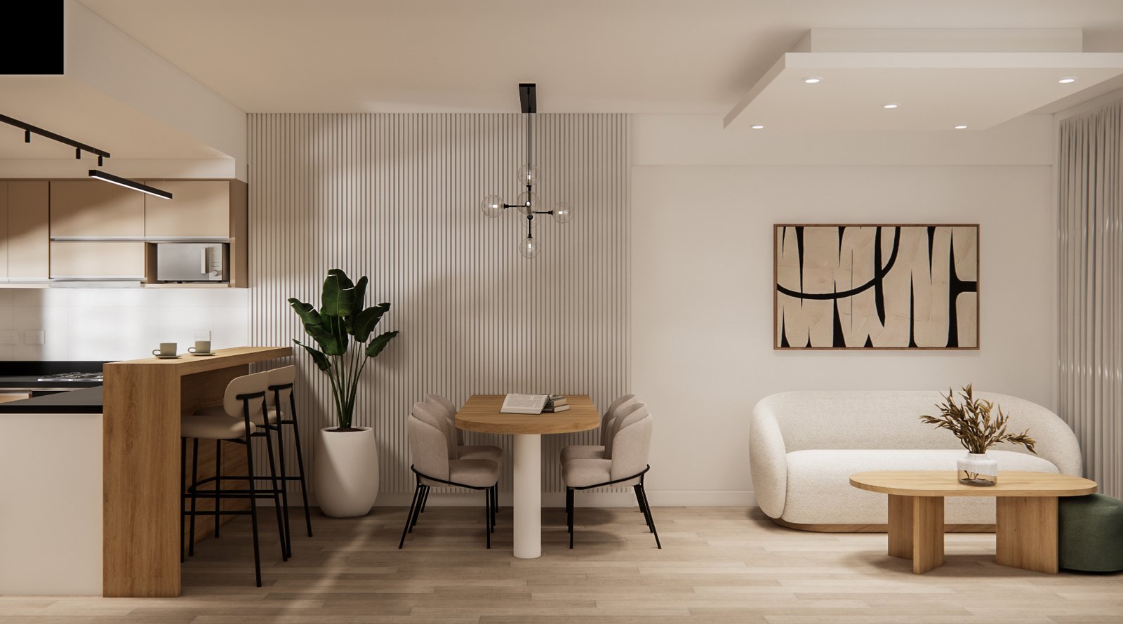 Sala de jantar moderna com ilha e sofá curvo — projeto Estética Soft: Madera, Luz y Confort, por Mela Deco Design, em Buenos Aires