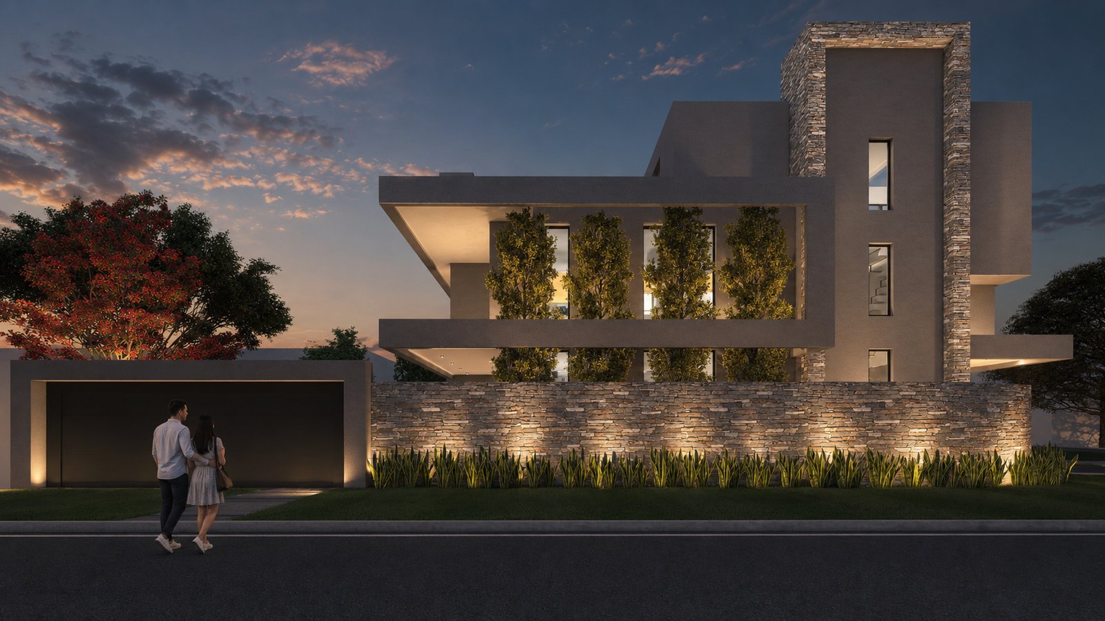 Fachada moderna con iluminación cálida y jardín — proyecto Proyecto Jorval, por WILSON ARQUITECTURA, en Moreno
