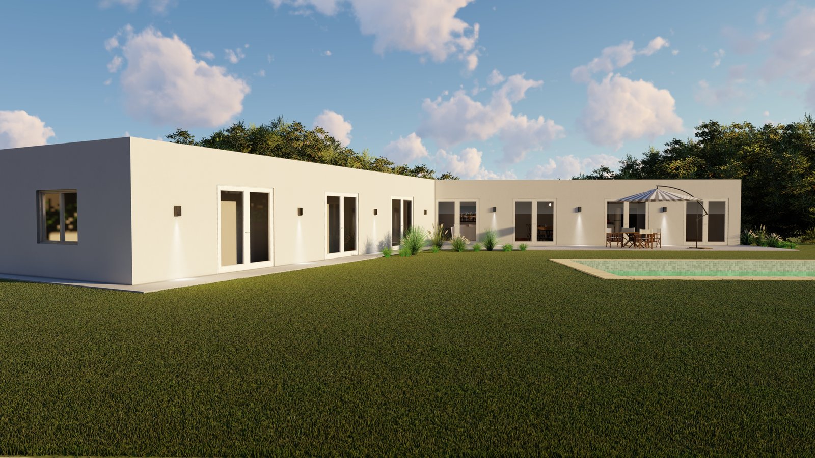 Casa moderna branca com piscina e gramado, render de fachada — projeto Vivienda de fin de semana, por Arquitecto Gustavo Maidana, em Paso de la Patria