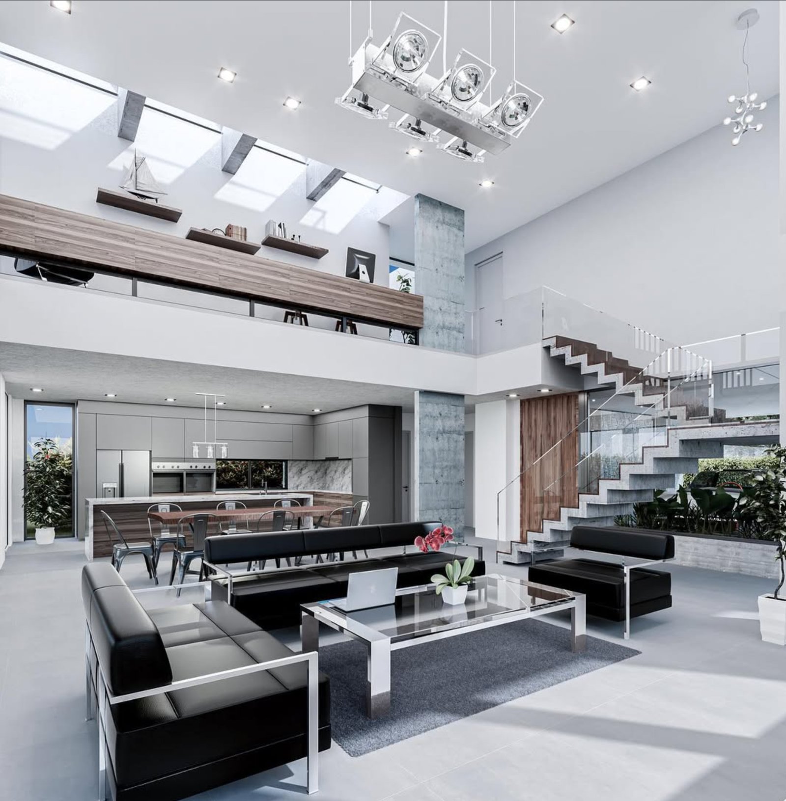 Living moderno a doble altura con cocina integrada y escaleras flotantes — proyecto Vivienda Naudir, por MMCZ STUDIO, en Belén de Escobar