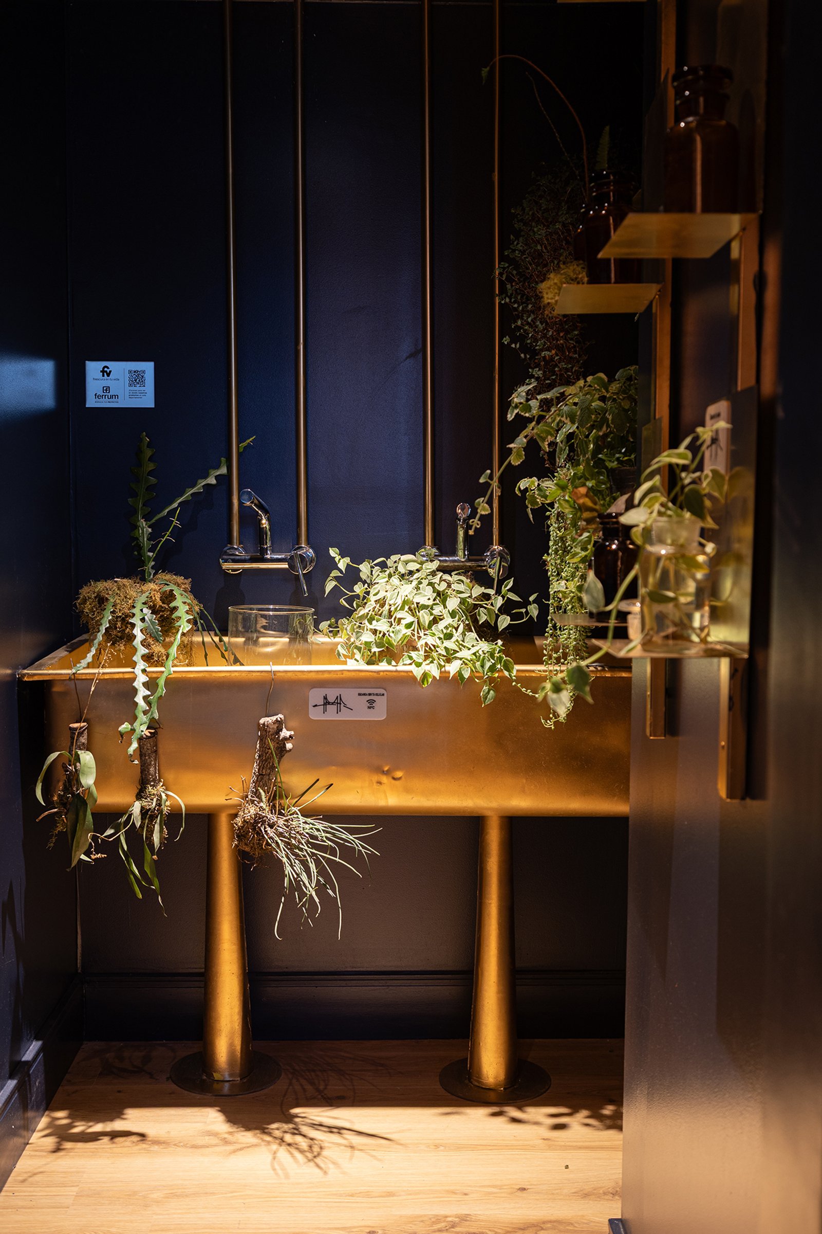 lavabo dorado colgante con plantas y grifería negra industrial — proyecto C'est Moi , por Gaby Alfonso, en B1648 Tigre