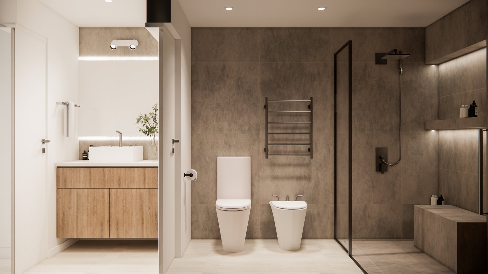 Baño moderno minimalista con ducha de vidrio y muebles de madera — proyecto Casa cálida y acogedora, por Mela Deco Design, en Buenos Aires