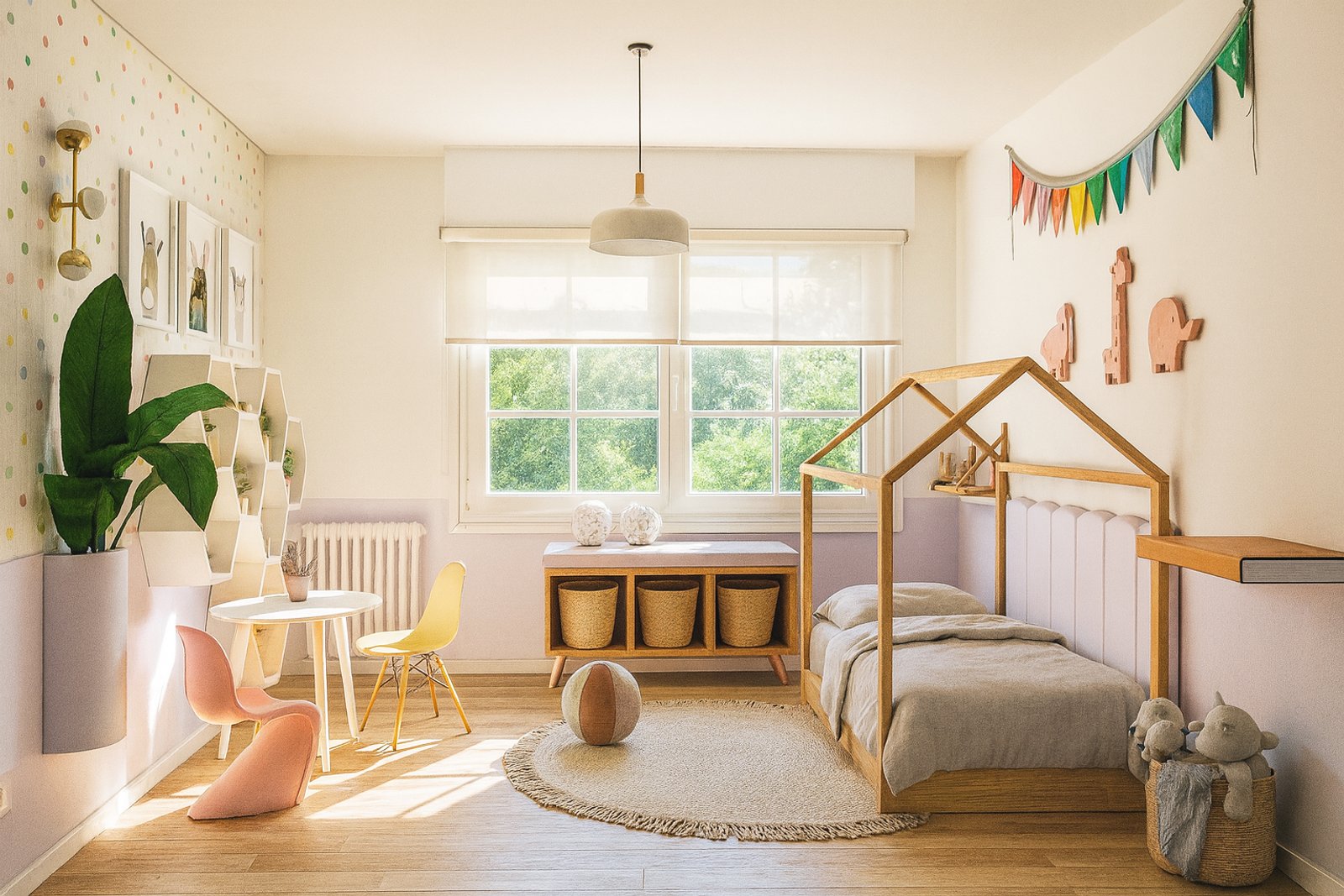 Quarto infantil estilo escandinavo com cama em formato de casa e muita luz — projeto Proyecto Luisa, por ivanadesign.estudio, em San Bernardo del Tuyú