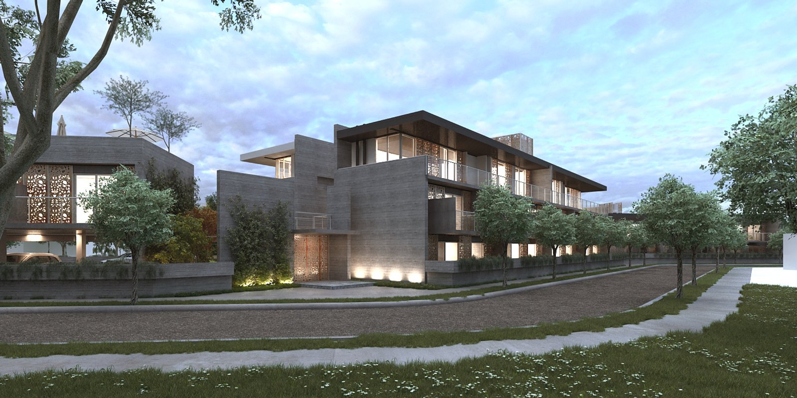 Fachada moderna de hormigón gris con volúmenes escalonados y luces integradas — proyecto CONSORCIO MULTIFAMILIAR , por ML ARQUITECTURA / ARQ. MARIANO LEOTTA, en Rivadavia