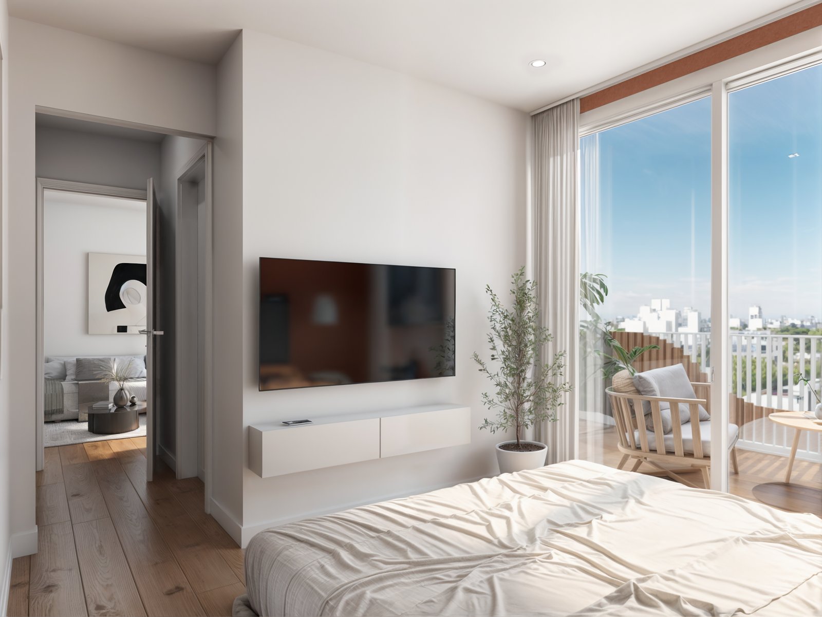 Quarto moderno com janelas do chão ao teto e vista urbana — projeto Edificio Cordoba, por LW Lopez Wolder arquitectos, em Av. Córdoba 4309