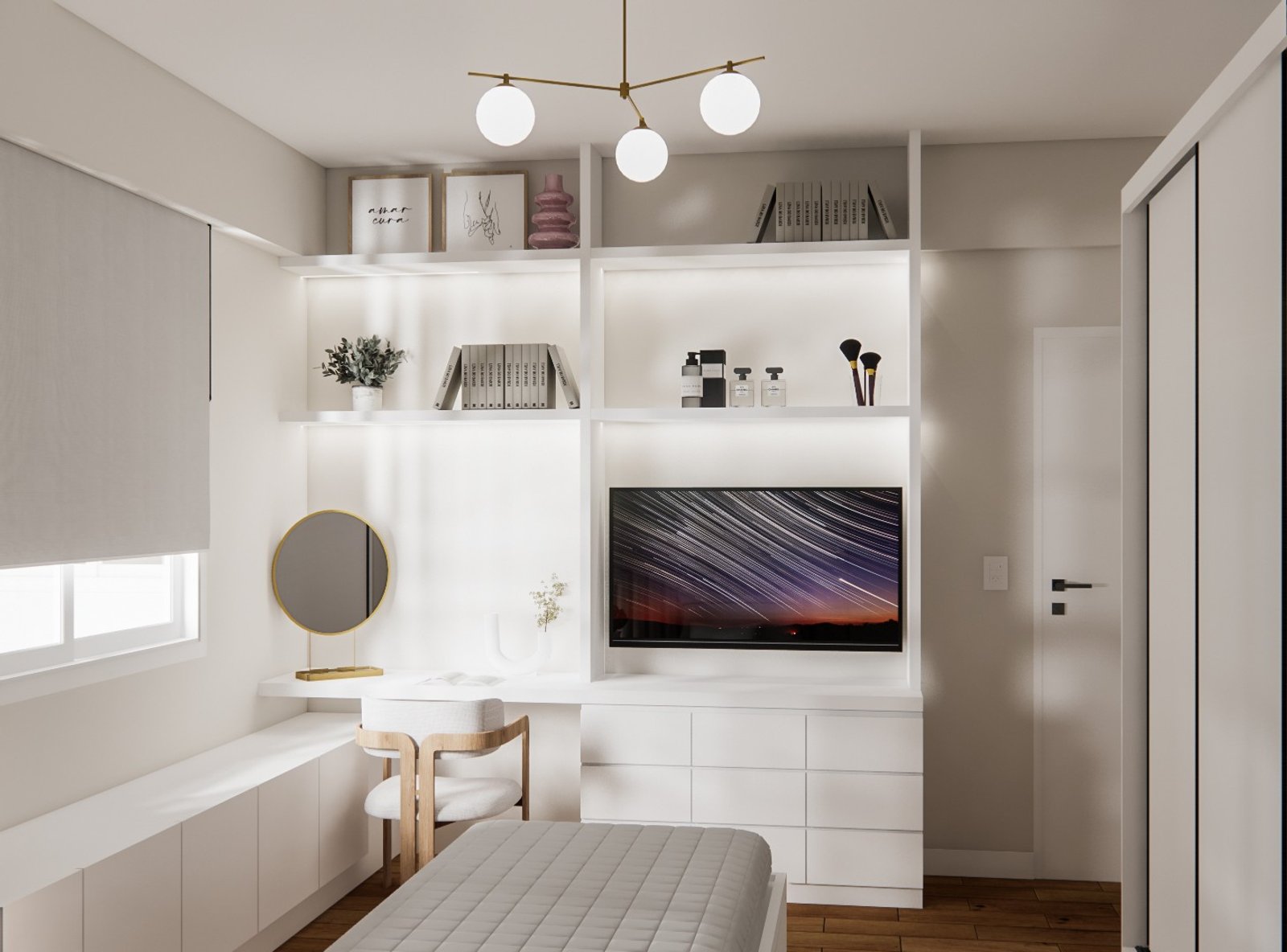 Quarto moderno com escrivaninha e armários brancos integrados — projeto Diseño de departamento contemporáneo y colorido, por Mela Deco Design, em Buenos Aires
