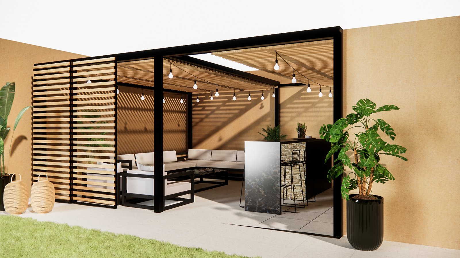 espacio exterior moderno con pérgola de madera y sillones — proyecto Diseño cálido de patio, por Mela Deco Design, en Buenos Aires