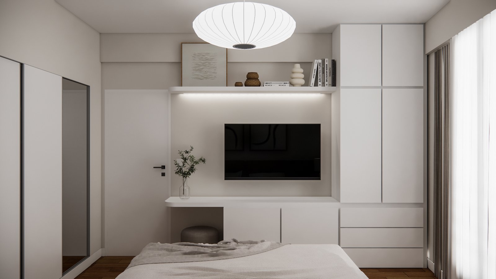 Quarto moderno com armários embutidos e iluminação indireta — projeto Diseño de departamento contemporáneo y colorido, por Mela Deco Design, em Buenos Aires