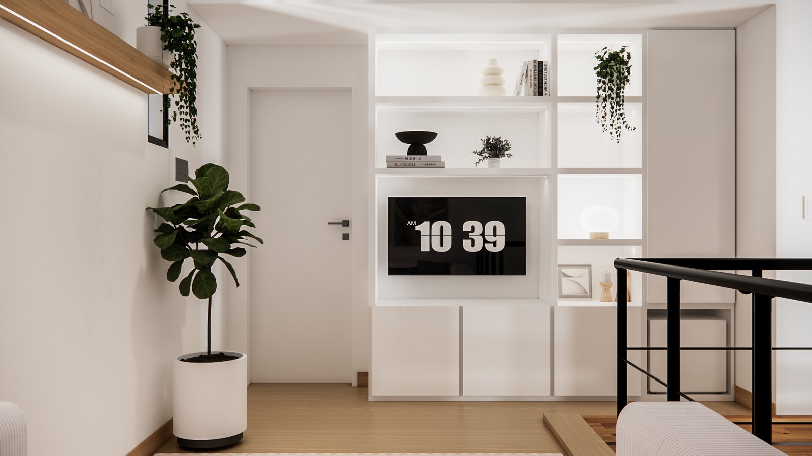Living moderno con estanterías blancas integradas y planta alta — proyecto Estar en espacio reducido , por Mela Deco Design, en Buenos Aires