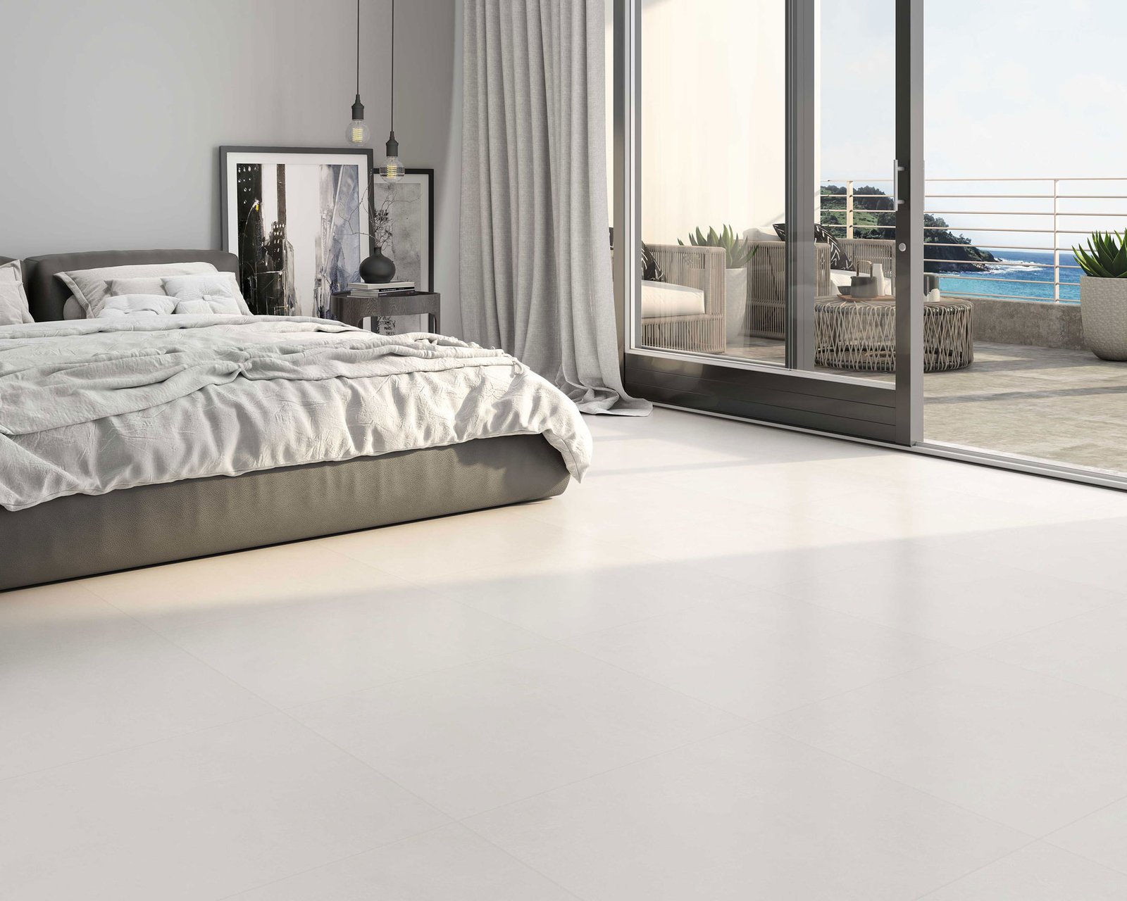 dormitorio moderno minimalista con grandes ventanales y luz natural — proyecto Cemento, por TENDENZA, en Buenos Aires