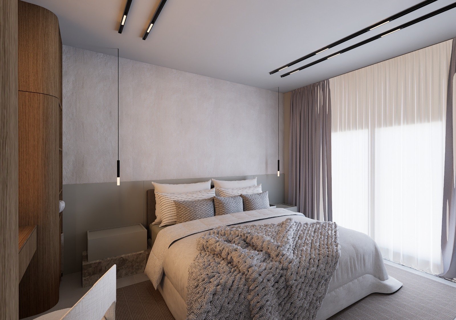 Dormitorio moderno con textura y madera clara — proyecto Rivadavia, por MEG estudio, en Ciudad de Corrientes