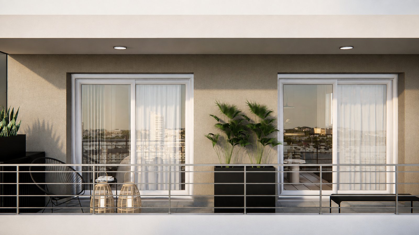 Varanda moderna com plantas e portas de vidro — projeto Diseño cálido de departamento, por Mela Deco Design, em Rosario