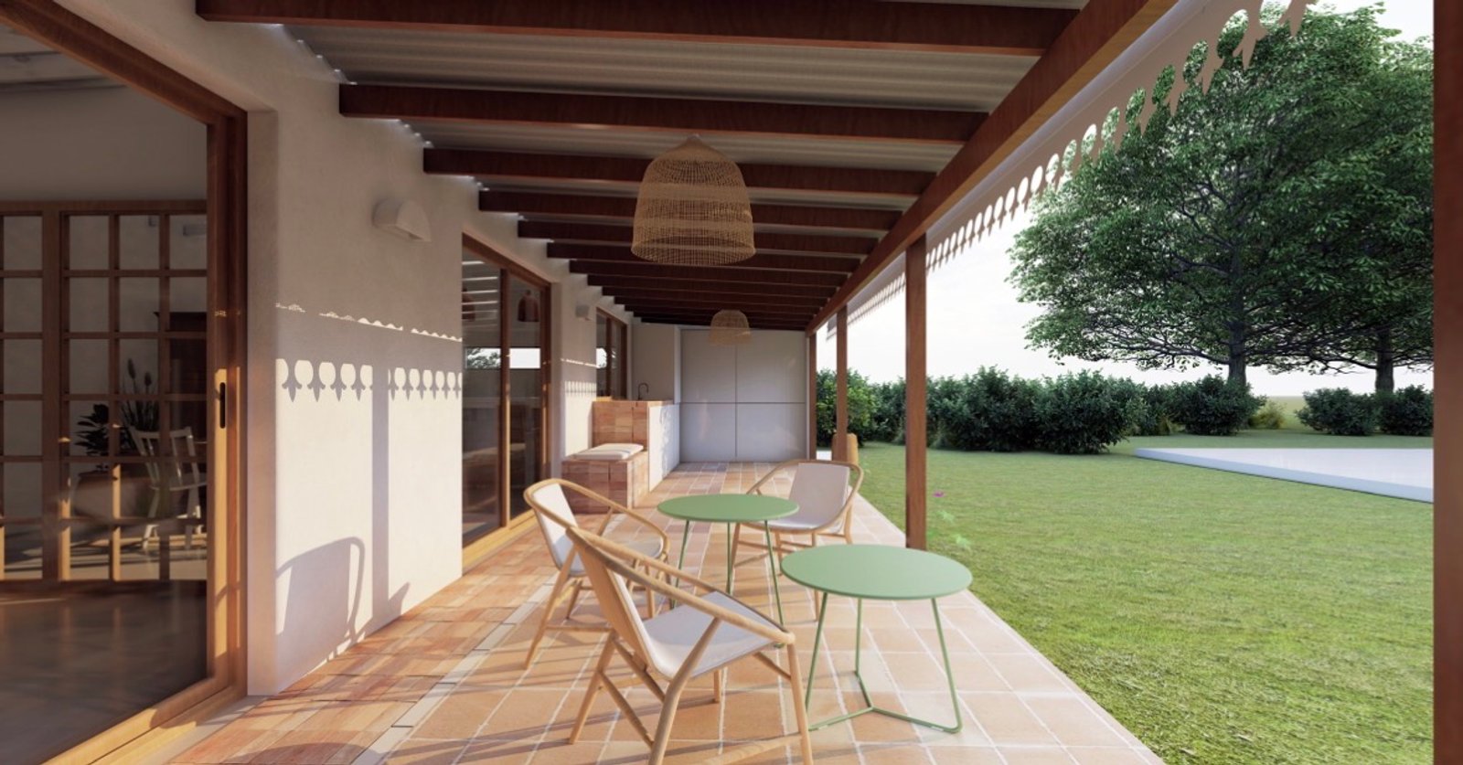 Patio rústico con pérgola de madera y mobiliario de mimbre — proyecto Reforma Casa de campo, Chascomus , por Estudio cardo, en Alsina 351