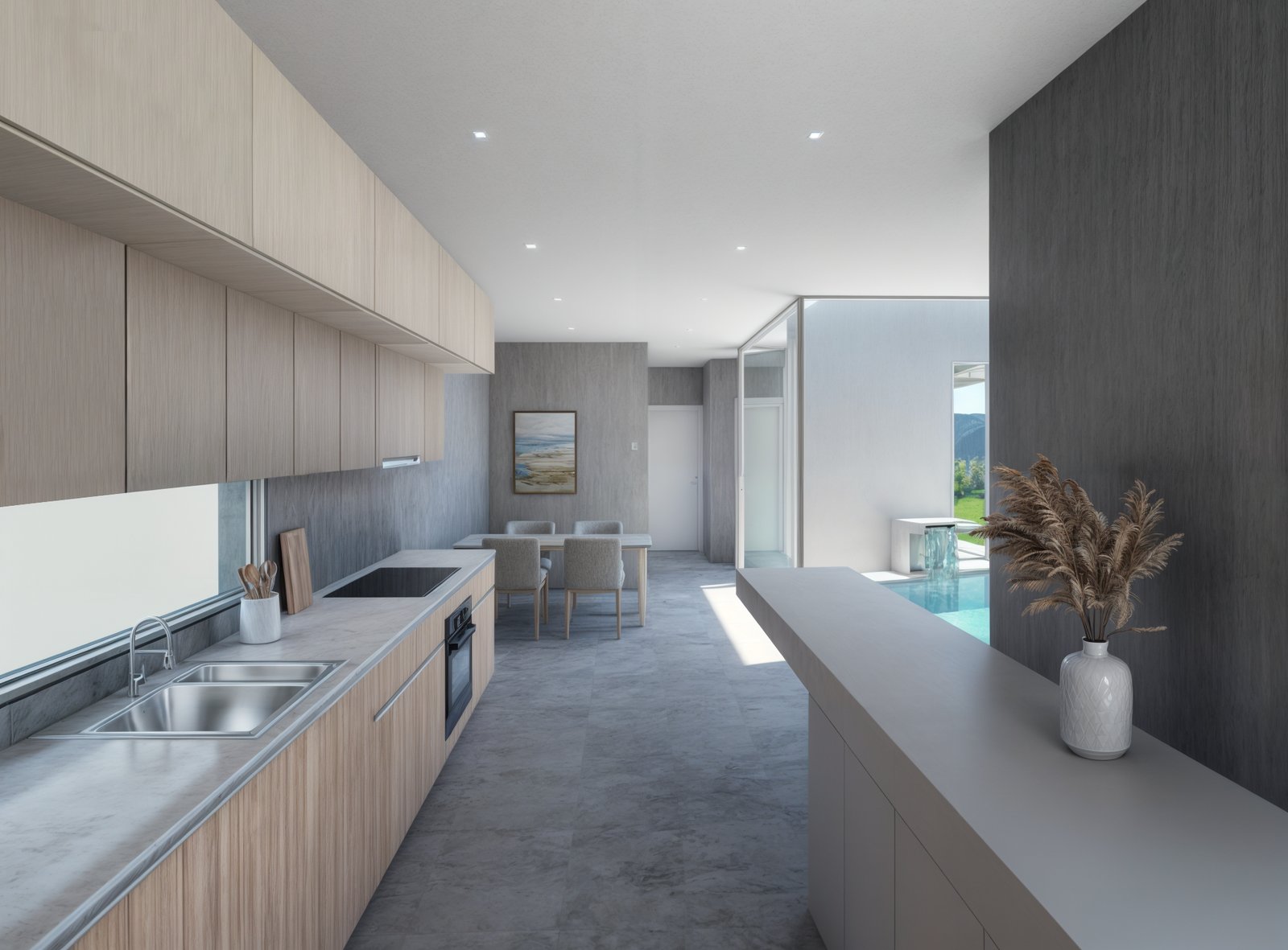 Cocina moderna abierta con isla y comedor, madera y cemento — proyecto Visualización. Vivienda en country, por condor estudio, en Mendoza
