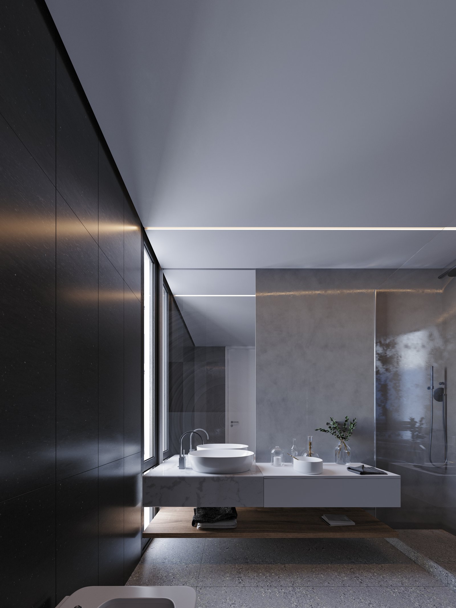 Baño moderno con pared oscura texturizada, mármol y luz indirecta — proyecto Edificio Donato, por LW Lopez Wolder arquitectos, en Av. Tte. Gral. Donato Álvarez 1827