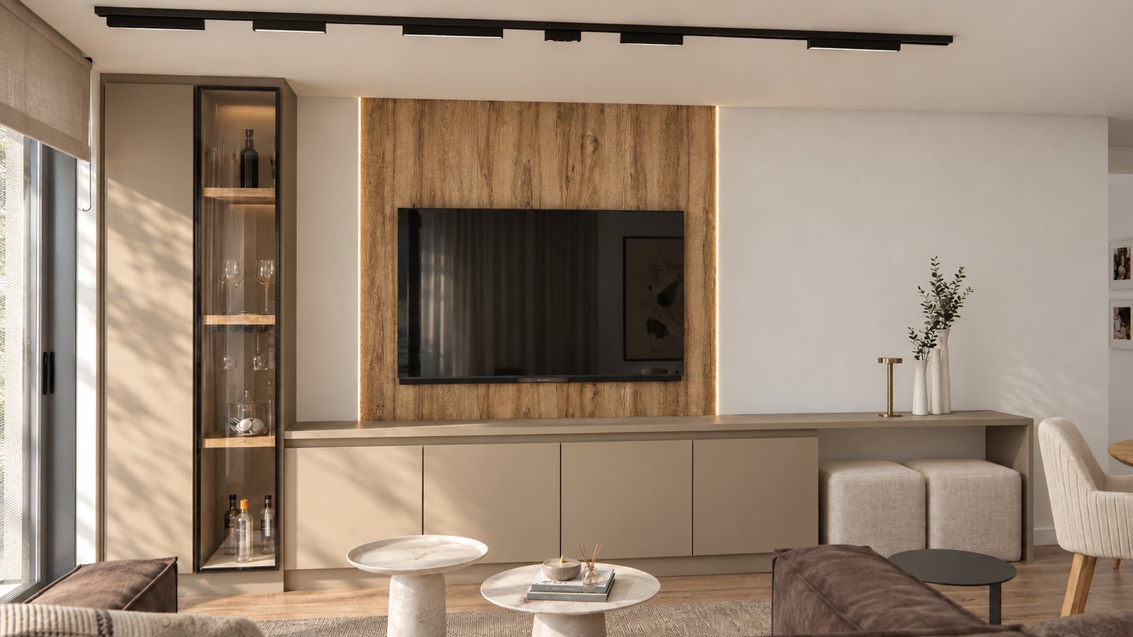 Sala moderna com painel de TV e nichos integrados — projeto Diseño cálido de departamento, por Mela Deco Design, em Rosario