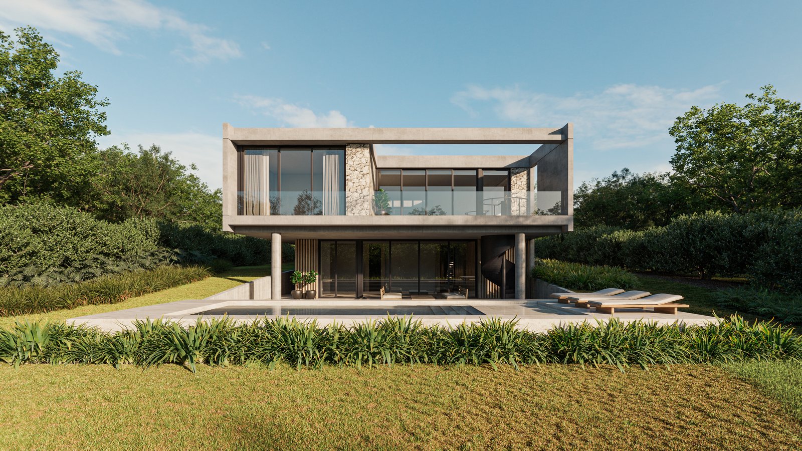 casa moderna de hormigón con amplias ventanas y terraza — proyecto Casa GOLF, por Grupo CRBN, en Ruta Panamericana Nº. 9