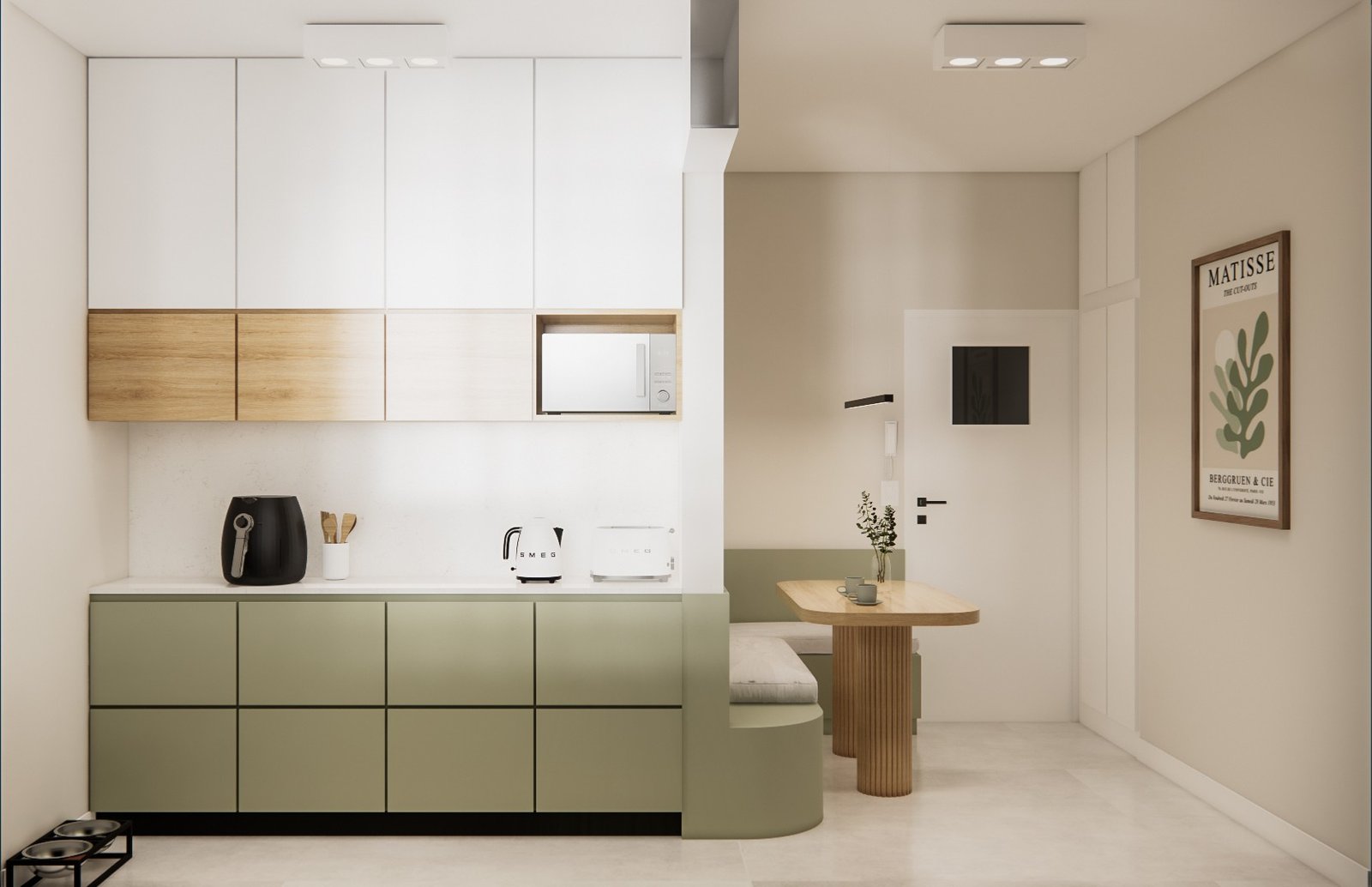 Cocina moderna estilo nórdico con muebles integrados y zona de comedor — proyecto Diseño de departamento contemporáneo y colorido, por Mela Deco Design, en Buenos Aires