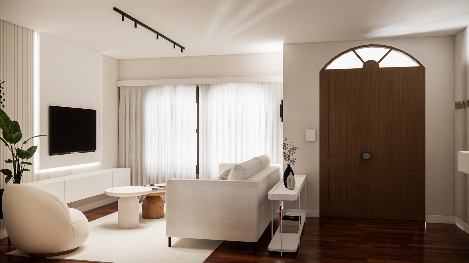 Living moderno con sillón curvo blanco y puerta arqueada — proyecto Renovación total de moderno living comedor y cocina, por Mela Deco Design