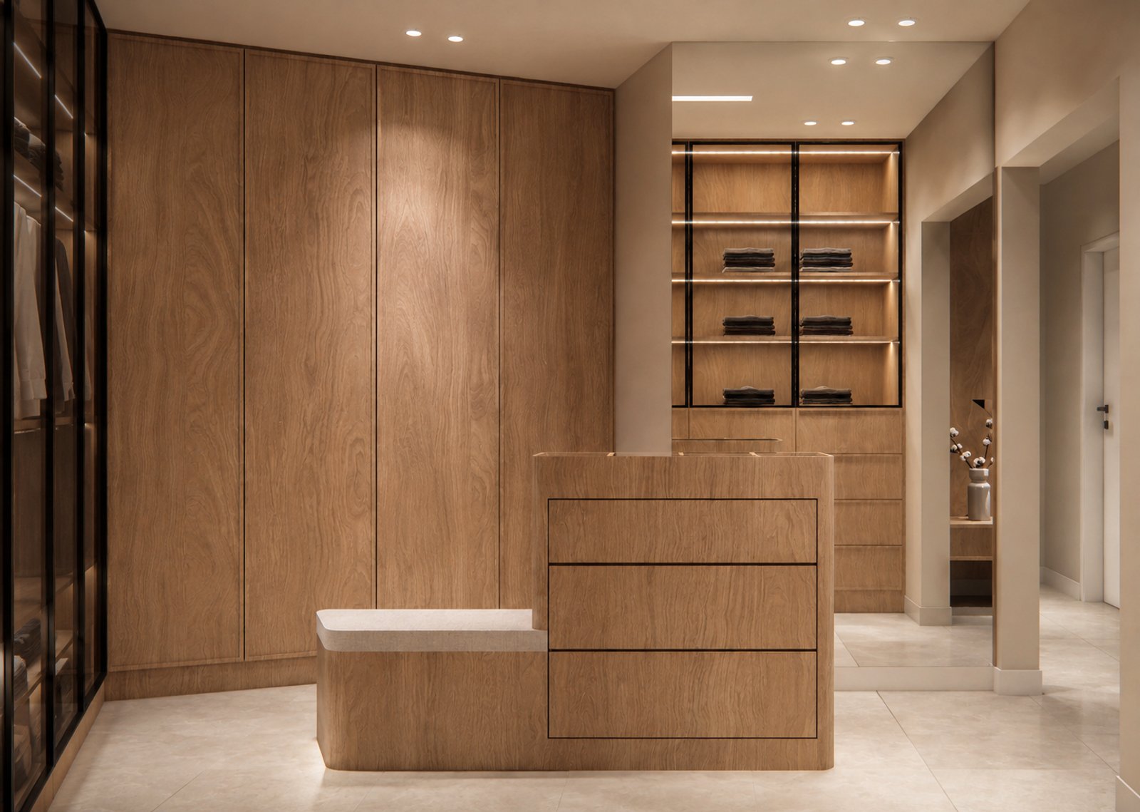 Pasillo de lujo con revestimiento de madera y almacenamiento integrado — proyecto Diseño de casa estilo japandi, por Mela Deco Design, en Belén de Escobar