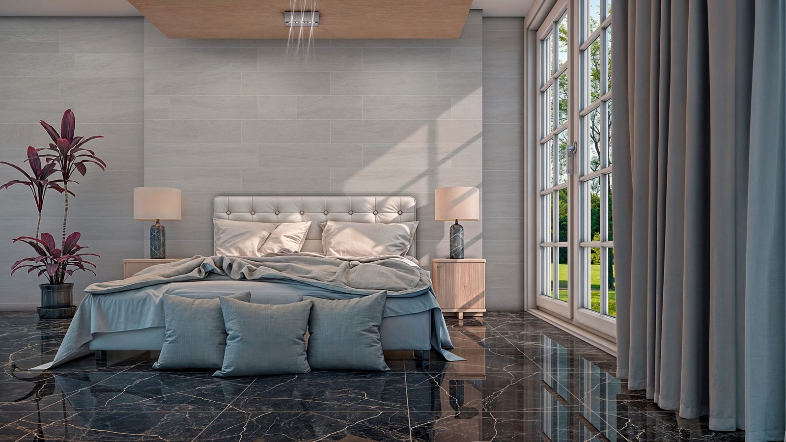 Dormitorio moderno con suelo de mármol negro y ventana grande — proyecto Marmol, por TENDENZA, en Buenos Aires