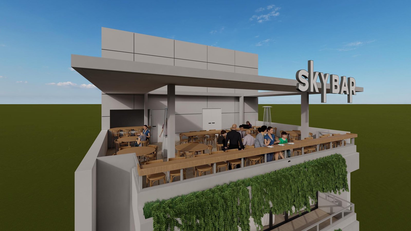 Bar en terraza de azotea con paredes verdes y mobiliario de madera — proyecto Edificio de Oficinas, Posadas, Misiones, por Arquitecto Gustavo Maidana, en Posadas
