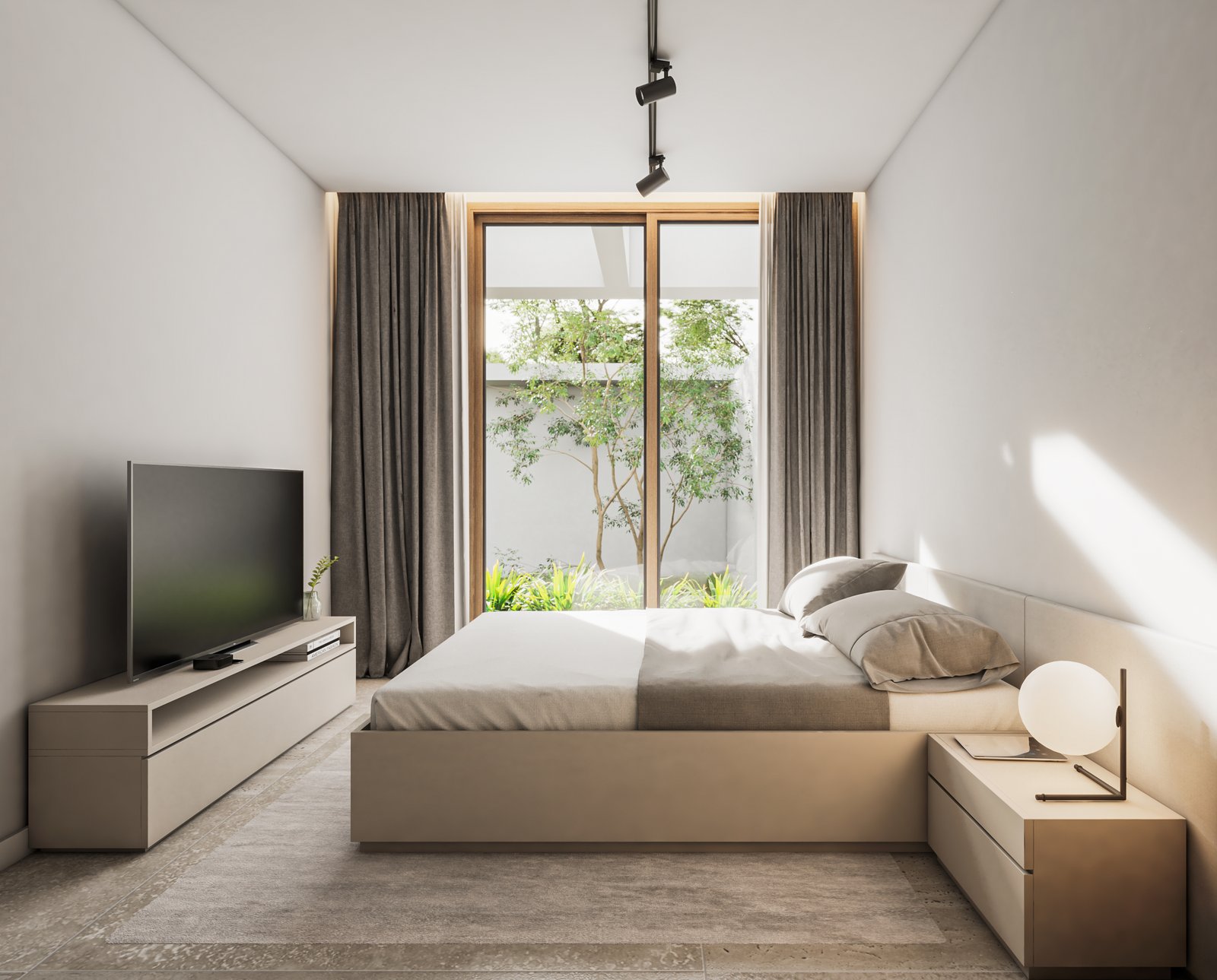 dormitorio moderno con gran ventanal al jardín — proyecto Casa CITY, por Grupo CRBN, en City Bell