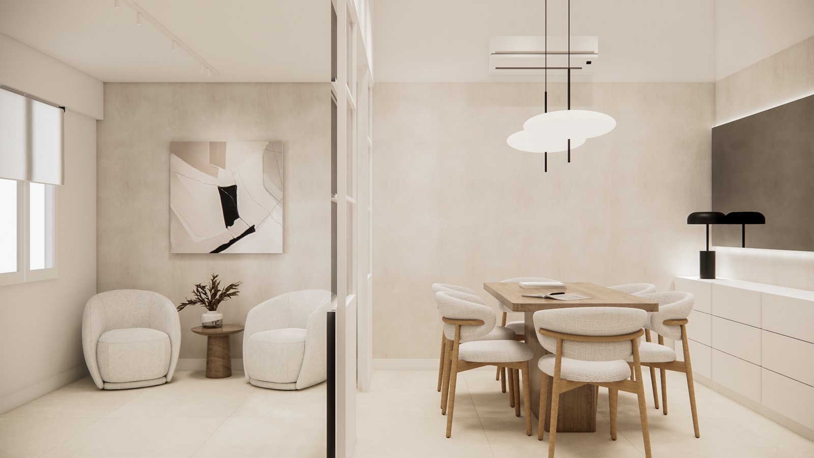 Comedor moderno y luminoso con sillones curvos y mesa redonda blanca — proyecto Diseño de escribanía cálido, por Mela Deco Design, en Buenos Aires