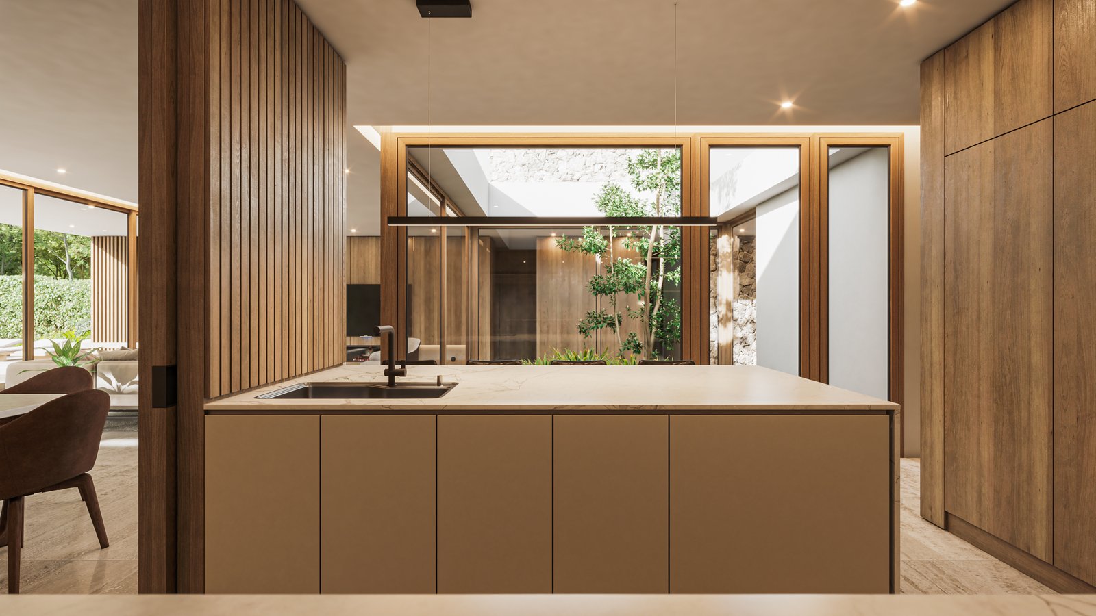 Cozinha moderna com ilha e vista para pátio interno — projeto Casa CITY, por Grupo CRBN, em City Bell