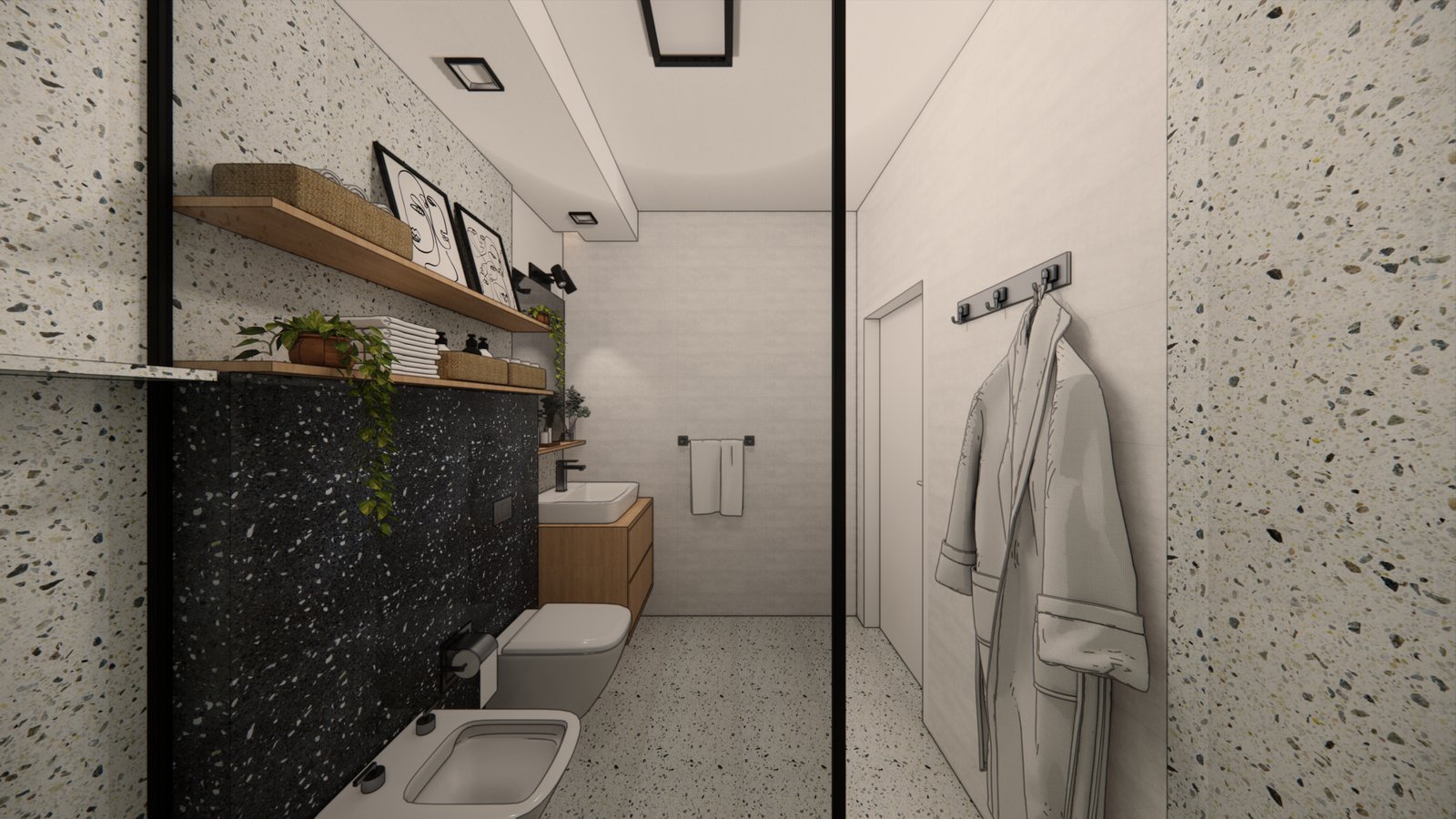 Banheiro moderno com paredes e pisos de terrazzo, bancada escura e detalhes em madeira — projeto PROYECTO BM, por Todo con A, em X5125 Monte Cristo