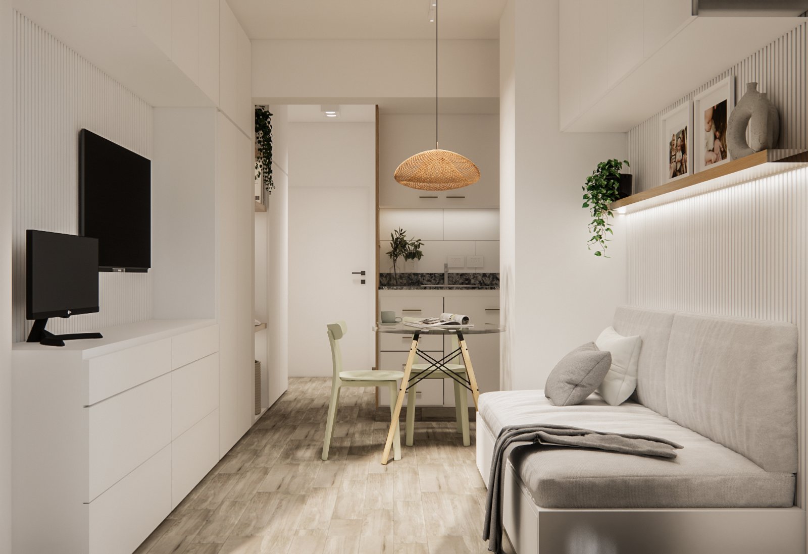 Ambiente moderno escandinavo con sofá modular y almacenamiento integrado — proyecto Monoambiente con espacios optimizados, por Mela Deco Design, en Buenos Aires
