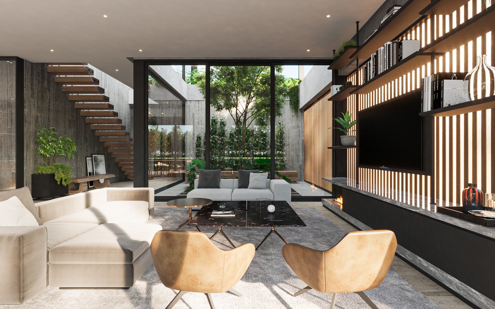 Living moderno con ventanales amplios y sillones curvos — proyecto Casa PUERTOS, por Grupo CRBN, en Provincia de Buenos Aires