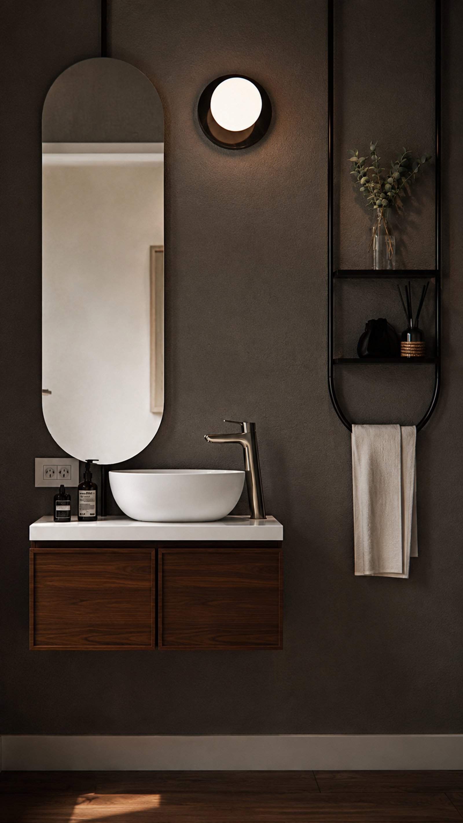 Baño moderno con espejo arqueado, bacha redonda y vanitory de madera oscura — proyecto Diseño de departamento juvenil , por Mela Deco Design, en Buenos Aires