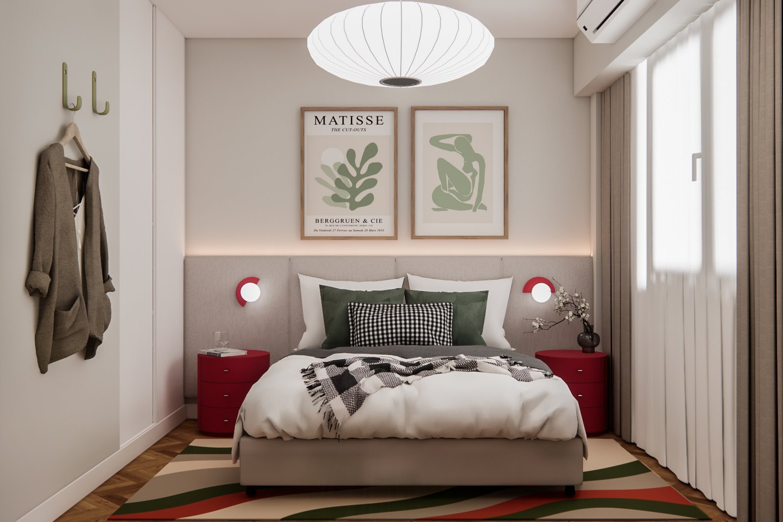 Dormitorio moderno con alfombra geométrica y lámparas rojas — proyecto Colorida renovación total de casa, por Mela Deco Design, en Buenos Aires