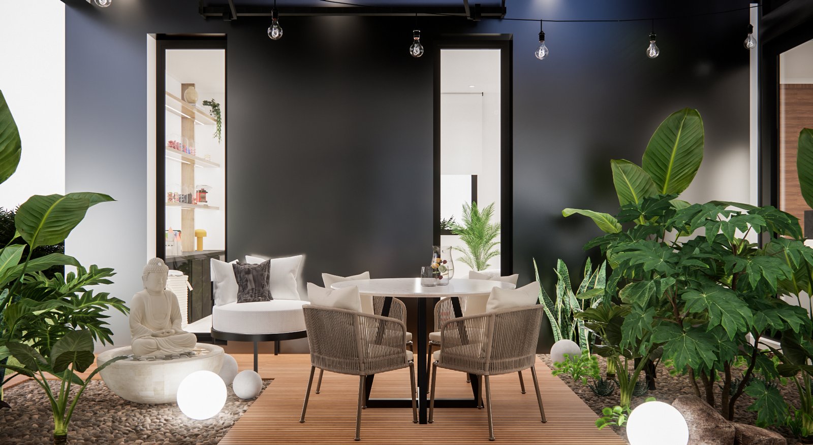 Pátio moderno com vegetação exuberante e área de jantar externa — projeto Diseño de casa contemporánea y elegante, por Mela Deco Design, em Buenos Aires